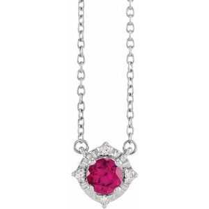 14K White Lab-Grown Ruby & .04 CTW Natural Diamond Halo-Style 18" Necklace Siddiqui Jewelers