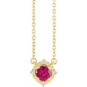 14K Yellow Lab-Grown Ruby & .04 CTW Natural Diamond Halo-Style 18" Necklace Siddiqui Jewelers
