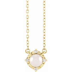 14K Yellow Cultured White Freshwater Pearl & .04 CTW Natural Diamond Halo-Style 18" Necklace Siddiqui Jewelers