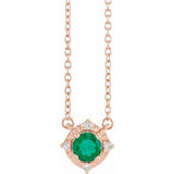 14K Rose Lab-Grown Emerald & .04 CTW Natural Diamond Halo-Style 18" Necklace Siddiqui Jewelers