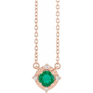 14K Rose Lab-Grown Emerald & .04 CTW Natural Diamond Halo-Style 18" Necklace Siddiqui Jewelers