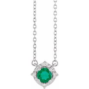 14K White Lab-Grown Emerald & .04 CTW Natural Diamond Halo-Style 18" Necklace Siddiqui Jewelers
