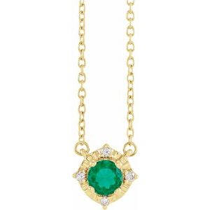 14K Yellow Lab-Grown Emerald & .04 CTW Natural Diamond Halo-Style 18" Necklace Siddiqui Jewelers