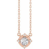 14K Rose Lab-Grown White Sapphire & .04 CTW Natural Diamond Halo-Style 18" Necklace Siddiqui Jewelers