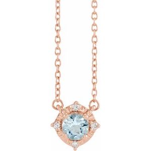14K Rose Natural Aquamarine & .04 CTW Natural Diamond Halo-Style 18" Necklace Siddiqui Jewelers