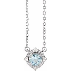 Sterling Silver Natural Aquamarine & .04 CTW Natural Diamond Halo-Style 18" Necklace Siddiqui Jewelers