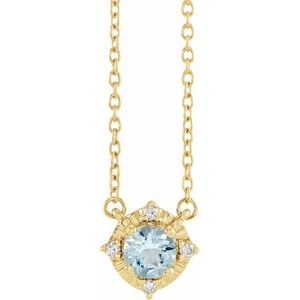 14K Yellow Natural Aquamarine & .04 CTW Natural Diamond Halo-Style 18" Necklace Siddiqui Jewelers
