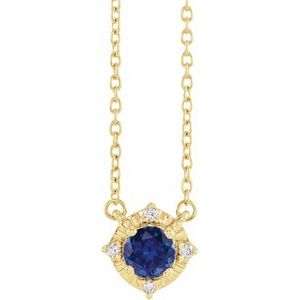 14K Yellow Lab-Grown Blue Sapphire & .04 CTW Natural Diamond Halo-Style 18" Necklace Siddiqui Jewelers