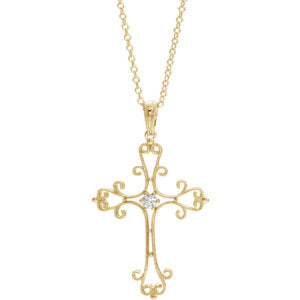 14K Yellow  .06 CTW Diamond Vintage-Inspired Cross 18" Necklace - Siddiqui Jewelers