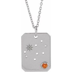Sterling Silver Natural Spessartite Garnet & .01 Natural Diamond Virgo Constellation 16-18" Necklace Siddiqui Jewelers