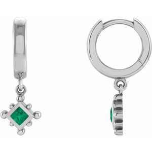 14K White Natural Emerald Beaded Bezel-Set Hoop Earrings Siddiqui Jewelers