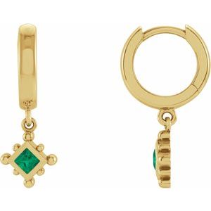 14K Yellow Lab-Grown Emerald Beaded Bezel-Set Hoop Earrings Siddiqui Jewelers