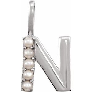 14K White Cultured White Freshwater Pearl Initial N Charm/Pendant Siddiqui Jewelers