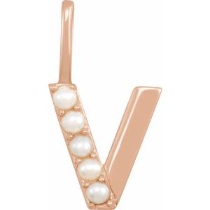 14K Rose Cultured White Freshwater Pearl Initial V Charm/Pendant Siddiqui Jewelers
