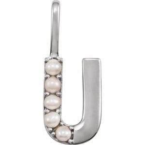 14K White Cultured White Freshwater Pearl Initial U Charm/Pendant Siddiqui Jewelers