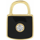 14K Yellow .035 CT Natural  Diamond & Black Enamel Lock Pendant/Charm Siddiqui Jewelers