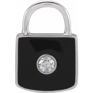 14K White .035 CT Natural  Diamond & Black Enamel Lock Pendant/Charm Siddiqui Jewelers
