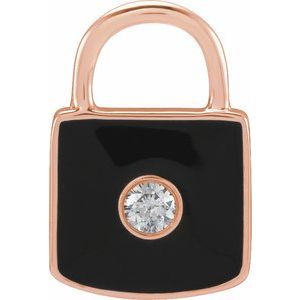 14K Rose .035 CT Natural  Diamond & Black Enamel Lock Pendant/Charm Siddiqui Jewelers