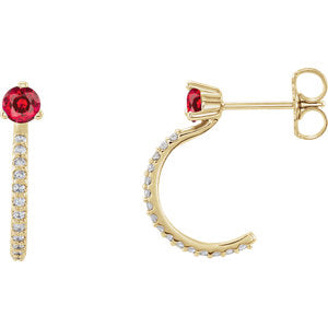 14K Yellow Chatham® Created Ruby & 1/6 CTW Diamond J-Hoop Earrings - Siddiqui Jewelers