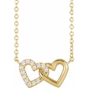 14K Yellow .05 CTW Natural Diamond Petite Double Interlocking Heart 16-18" Necklace Siddiqui Jewelers