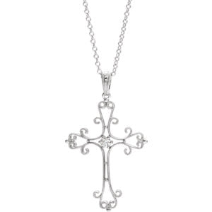 14K White  .06 CTW Diamond Vintage-Inspired Cross 18" Necklace - Siddiqui Jewelers