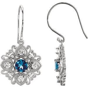 14K White London Blue Topaz & 1/2 CTW Diamond Vintage-Style Earrings - Siddiqui Jewelers