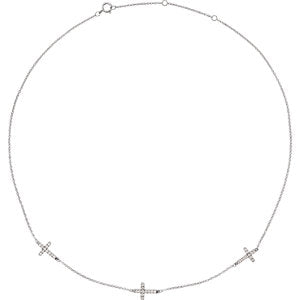 14K White 1/4 CTW Diamond 3-Station Cross Adjustable 16-18” Necklace - Siddiqui Jewelers