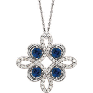 14K White Chatham® Created Blue Sapphire & 1/6 CTW Diamond Clover 18" Necklace - Siddiqui Jewelers