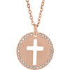 14K Rose .07 CTW Diamond Pierced Cross Disc 18" Necklace - Siddiqui Jewelers
