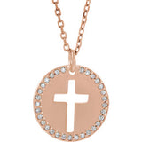 14K Rose .07 CTW Diamond Pierced Cross Disc 18" Necklace - Siddiqui Jewelers