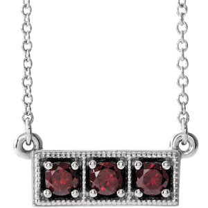 14K White Mozambique Garnet Three-Stone Granulated Bar 16-18" Necklace - Siddiqui Jewelers