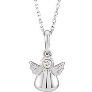 Sterling Silver .03 CT Diamond Youth Angel 15" Necklace - Siddiqui Jewelers