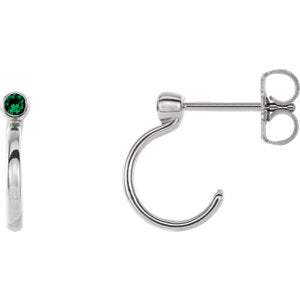 14K White 2 mm Round Emerald Bezel-Set J-Hoop Earrings - Siddiqui Jewelers