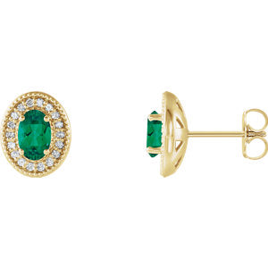 14K Yellow Chatham® Created Emerald & 1/5 CTW Diamond Halo-Style Earrings - Siddiqui Jewelers