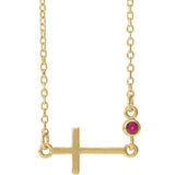 14K Yellow Chatham® Created Ruby Sideways Accented Cross 16-18" Necklace - Siddiqui Jewelers