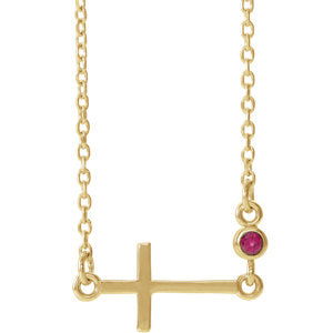 14K Yellow Chatham® Created Ruby Sideways Accented Cross 16-18" Necklace - Siddiqui Jewelers