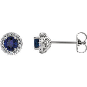 14K White Chatham® Lab-Created Blue Sapphire & 1/4 Diamond Earrings - Siddiqui Jewelers