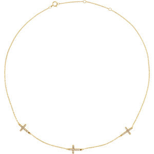 14K Yellow 1/4 CTW Diamond 3-Station Cross Adjustable 16-18” Necklace - Siddiqui Jewelers