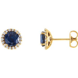 14K Yellow Chatham® Lab-Created Blue Sapphire & 1/6 CTW Diamond Earrings - Siddiqui Jewelers