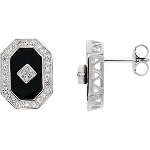 Sterling Silver Onyx & Cubic Zirconia Halo-Style Earrings - Siddiqui Jewelers