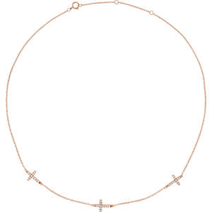 14K Rose 1/4 CTW Diamond 3-Station Cross Adjustable 16-18” Necklace - Siddiqui Jewelers
