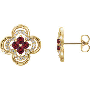 14K Yellow Chatham® Created Ruby & 1/5 CTW Diamond Clover Earrings - Siddiqui Jewelers