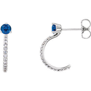 14K White Chatham® Created Blue Sapphire & 1/6 CTW Diamond J-Hoop Earrings - Siddiqui Jewelers