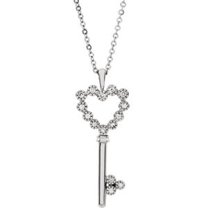 14K White 1/10 CTW Diamond Heart Key 18" Necklace - Siddiqui Jewelers