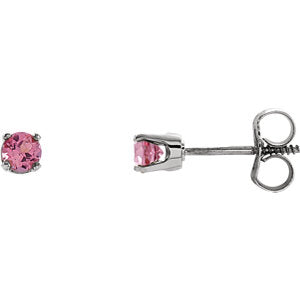 14K White 3 mm Round Imitation Pink Tourmaline Youth Birthstone Earrings - Siddiqui Jewelers